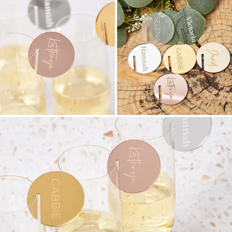 JAYI Custom Acrylic Wedding Name Place Cards Perspex Drink Marker Lucite Mirror Name Tags Glass Marker Place Setting Drink Charm