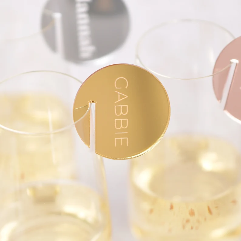 JAYI Custom Acrylic Wedding Name Place Cards Perspex Drink Marker Lucite Mirror Name Tags Glass Marker Place Setting Drink Charm