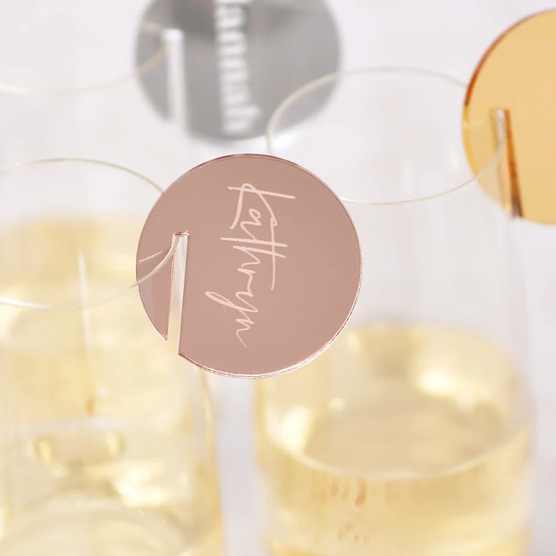 JAYI Custom Acrylic Wedding Name Place Cards Perspex Drink Marker Lucite Mirror Name Tags Glass Marker Place Setting Drink Charm