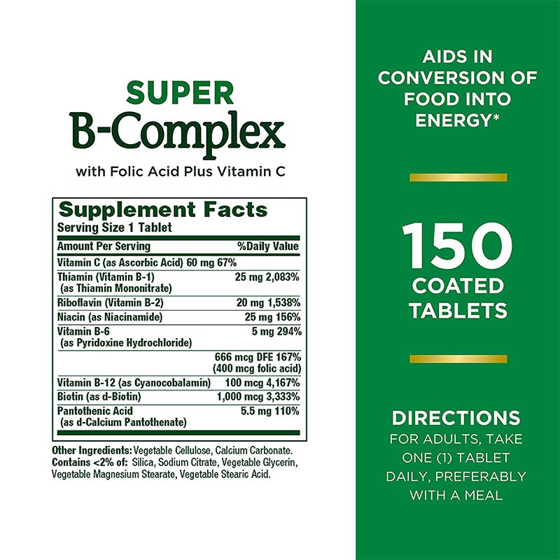 Super B Complex with Vitamin C Folic Acid Immune Energy Support Dietary Supplement for Immune Support Vitamin B-complex tablets