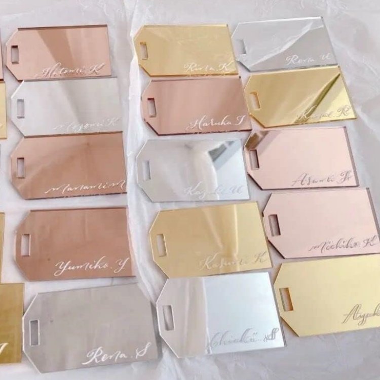 Mirrored Acrylic Luggage Label Wedding Name Place Setting Perspex Engraved Place Card Gift Tag