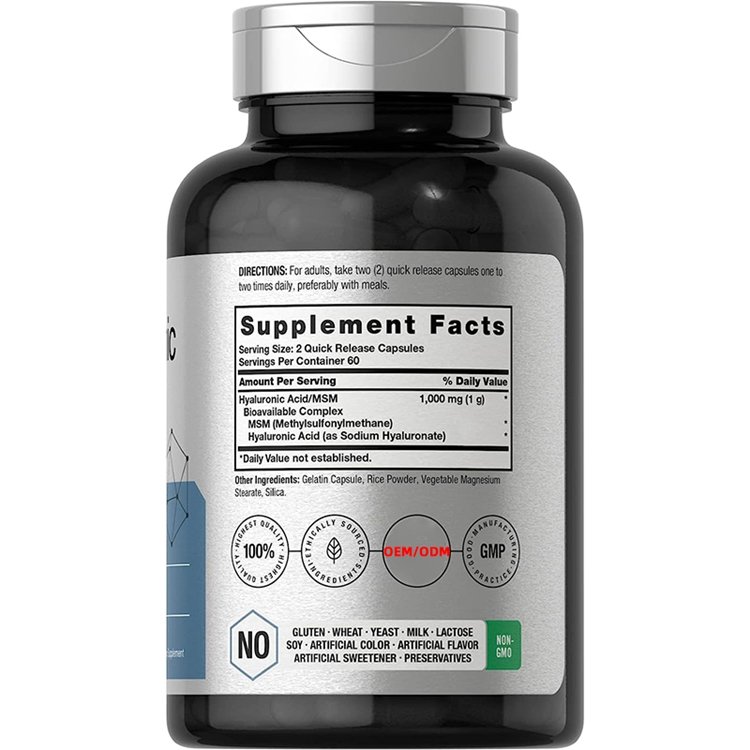 120 Capsules Non-GMO and Gluten Free Supplement Bioavailable Formula Hyaluronic Acid with MSM 1000 mg
