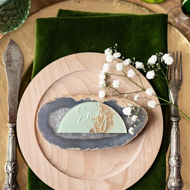 Custom Gold Stamping Printed Arch Sage Green Acrylic Name Place Card