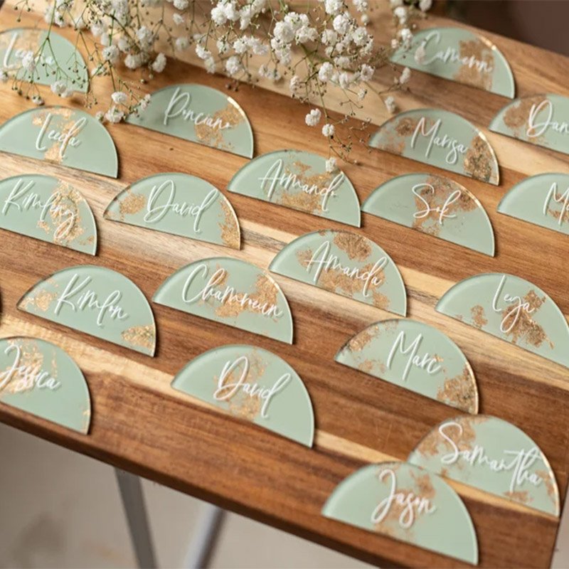 Custom Gold Stamping Printed Arch Sage Green Acrylic Name Place Card