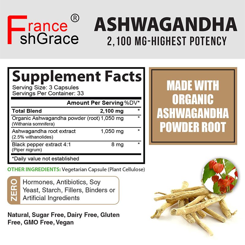 Organic Ashwagandha Capsule 2100 mg Capsules Pure Organic Ashwagandha Powder and Root Extract
