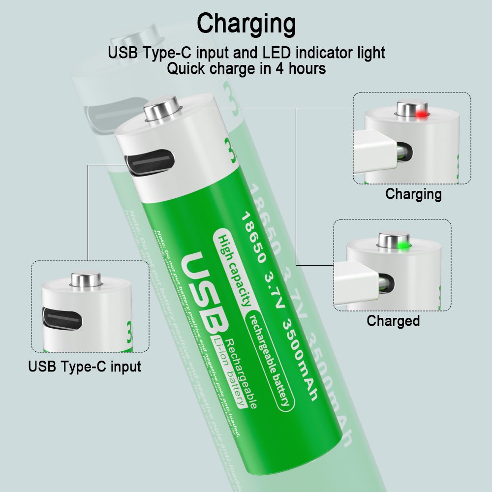 PUJIMAX High Quality 2PCS 18650 Rechargeable Li Ion Battery USB Type C Cable Charging13000mWh 3.7V Battery For Flashlight