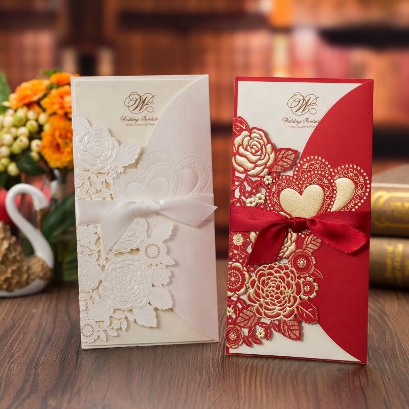 Luxury invitation wedding customised menu cards laser cut designs goldfoil stamping Personalized with Flower Envelopes casamento
