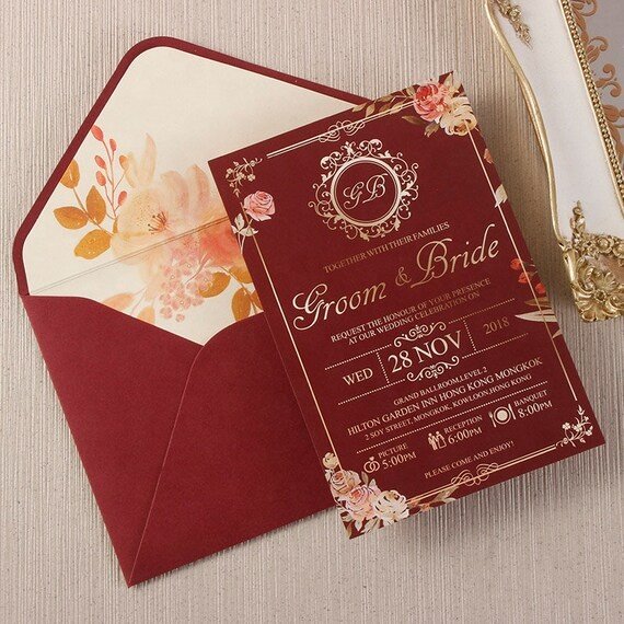 Luxury invitation wedding customised menu cards laser cut designs goldfoil stamping Personalized with Flower Envelopes casamento