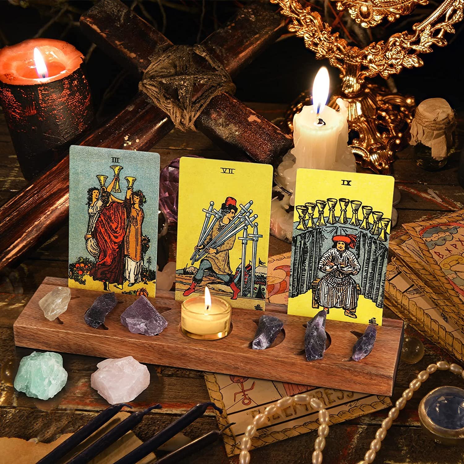 Wooden Tarot Card Holder with Moon Phase Display Tray Affirmation Cards Wood Organizer Decoration Supplies