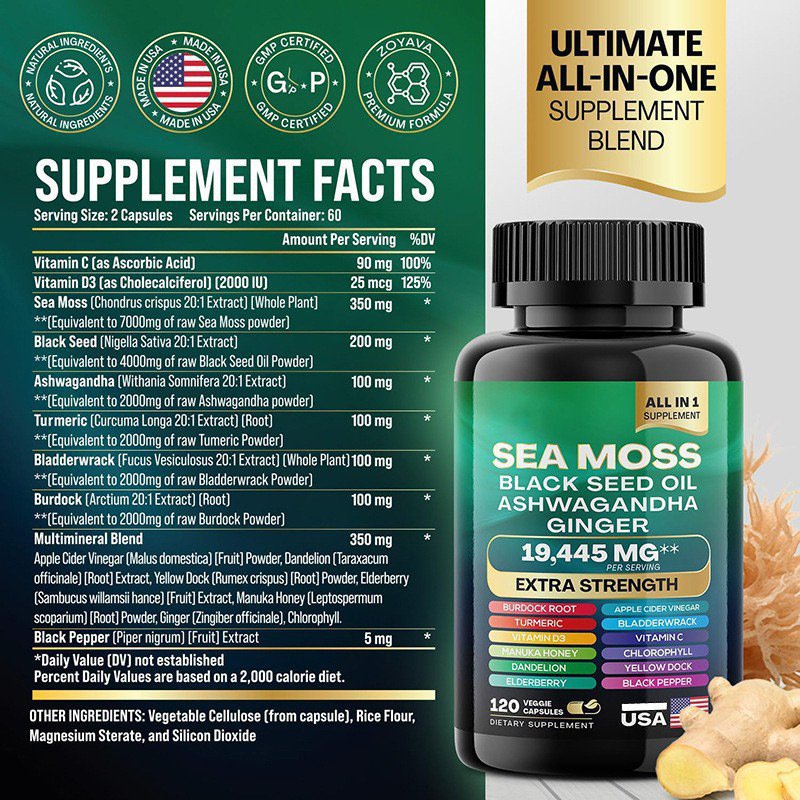 Sea Moss Black Seed Oil Ashwagandha Turmeric Bladderwrack Burdock & Ginger Vitamin C D3 with Elderberry Manuka Dandelion