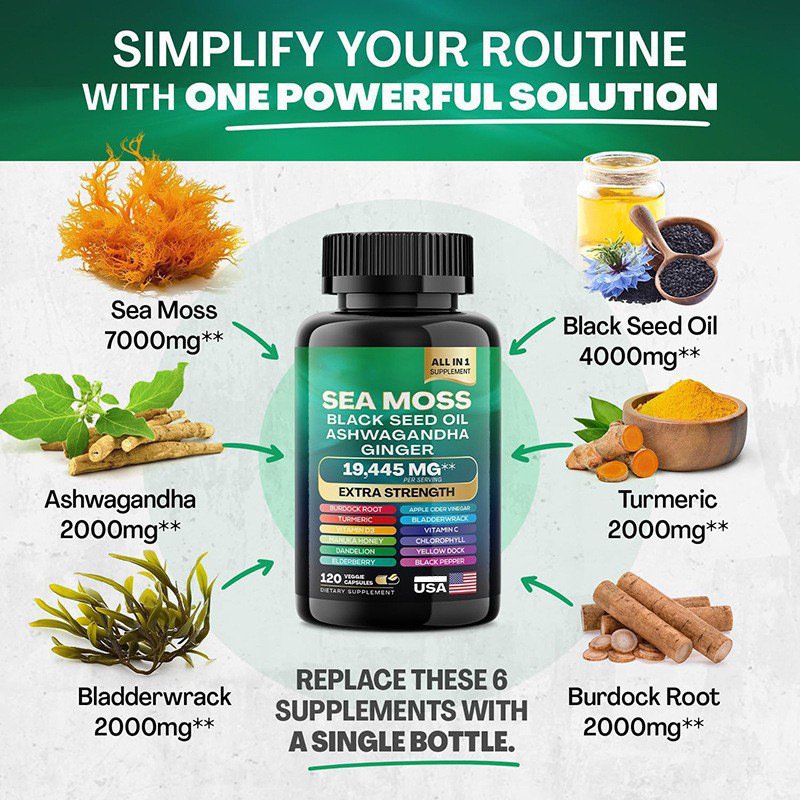 Sea Moss Black Seed Oil Ashwagandha Turmeric Bladderwrack Burdock & Ginger Vitamin C D3 with Elderberry Manuka Dandelion