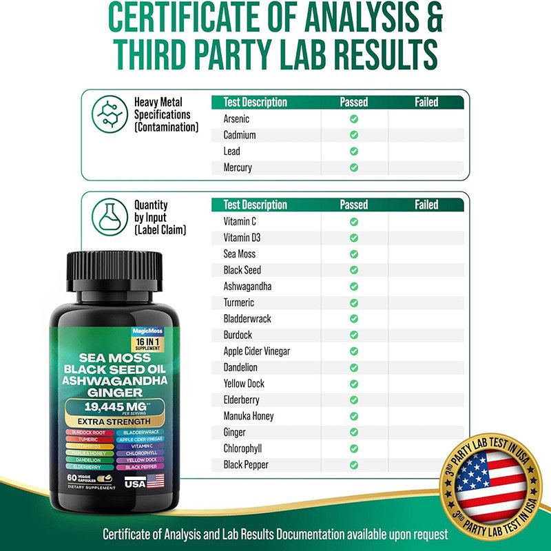 Sea Moss Black Seed Oil Ashwagandha Turmeric Bladderwrack Burdock & Ginger Vitamin C D3 with Elderberry Manuka Dandelion