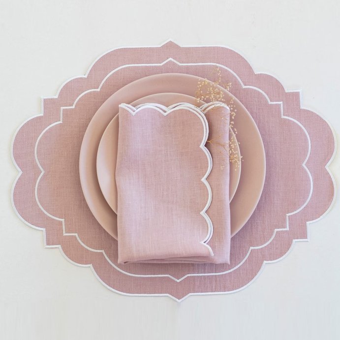 Embroidery Table Napkin pink linen scalloped table mats with double white trim for table decor 18x18'' size coaster and placemat