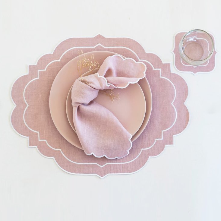 Embroidery Table Napkin pink linen scalloped table mats with double white trim for table decor 18x18'' size coaster and placemat