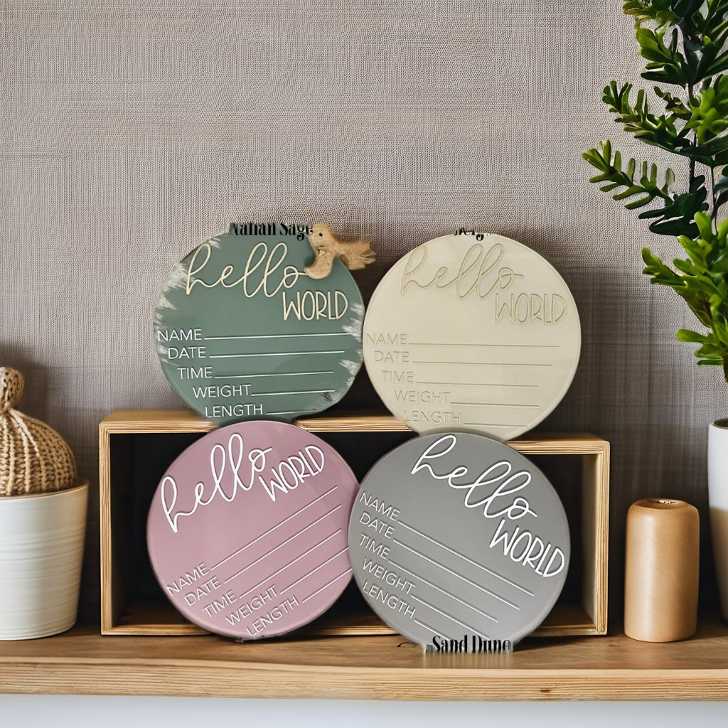 Custom Engraved Hello World Birth Wooden Sign Baby Arrival Shower Milestone Discs And Monthly Cards Plywood Decoration Pattern
