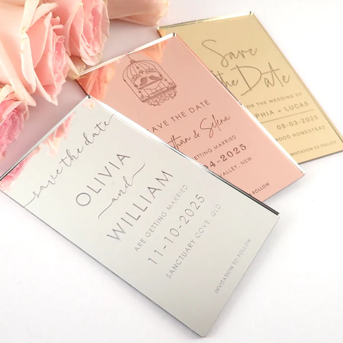 custom laser engraved silver mirrored acrylic wedding invitation cards and menu place party reception