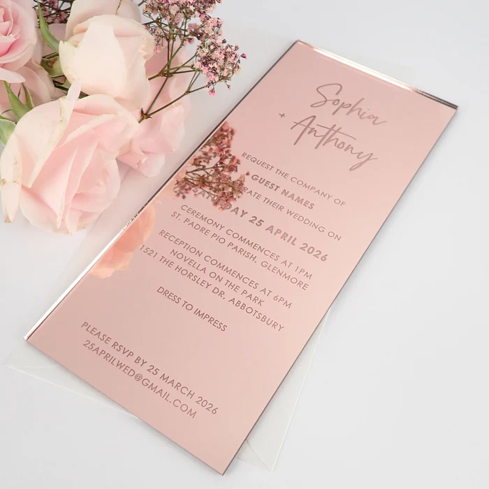 custom laser engraved silver mirrored acrylic wedding invitation cards and menu place party reception