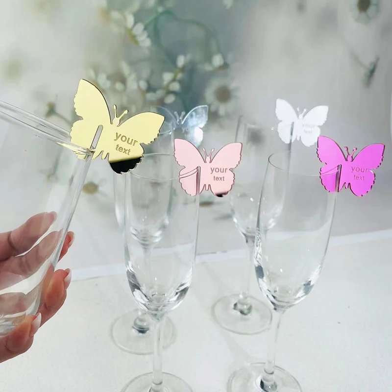 Custom 3D Gold Mirror Round Acrylic Drink Tags Wedding Place Name Card Markers To Champagne Glass Tags Baby Shower Party Favors