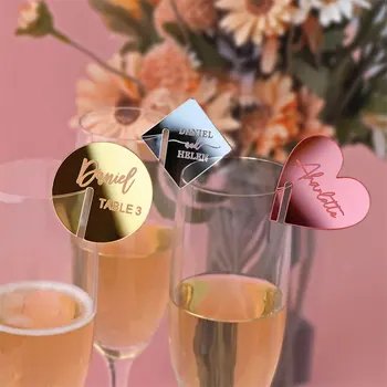 Custom 3D Gold Mirror Round Acrylic Drink Tags Wedding Place Name Card Markers To Champagne Glass Tags Baby Shower Party Favors