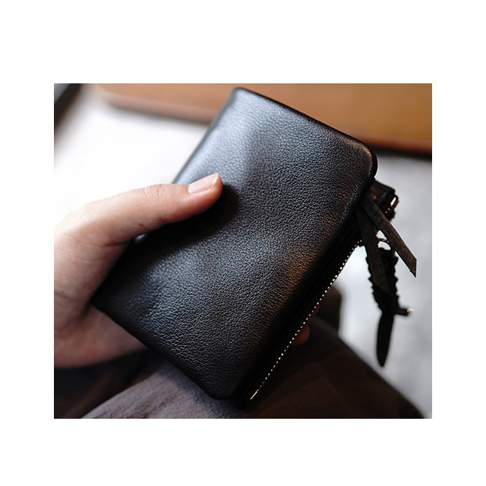 Unisex Top-Grain Leather RFID Bifold Wallet Zippered Slots Long Credit Card Holder Personalized ID Card Slot Polyester Lining