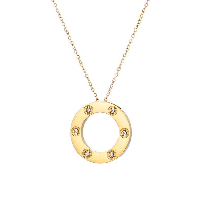 Stylish NonTarnish Zirconia Round Pendant Chain 18K Gold Plated Stainless Steel Necklace Jewelry