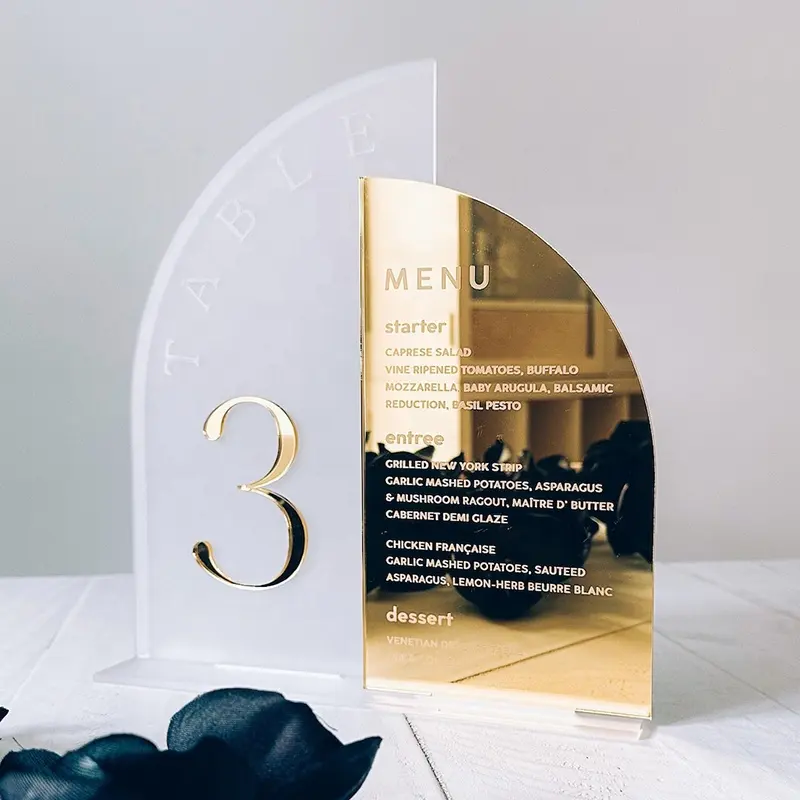 Customized Acrylic Arched Frosted Gold Mirror Wedding Table Numbers With Menu Sign Acrylic Table Numbers For Wedding Reception