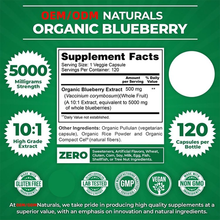 All-Natural 100% Vegetarian Organic Blueberry Extract 120 Vegan Capsules Concentrated and Standardized 10X Whole Fruit Extract