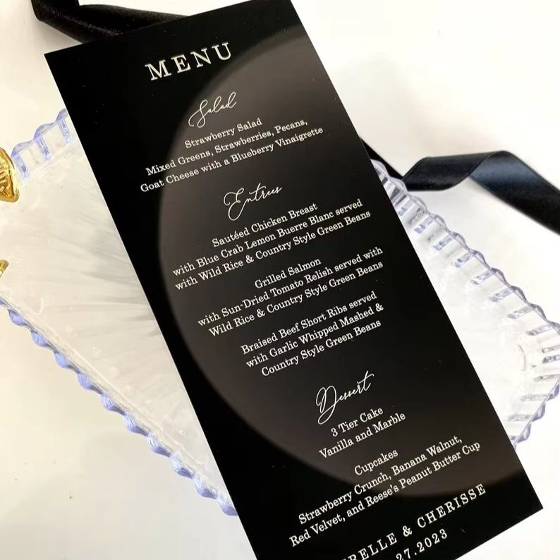Party Wedding Reception Decor Custom Gold Sliver Mirror Black Clear Frosted Wooden Acrylic Menu Card Table Place