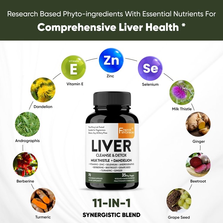 70 Capsules Herbal Supplement Milk Thistle Dandelion Root with 9 Minerals for Liver Renew Cleanse Detox Repair