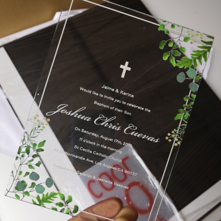 White writing printed clear acrylic wedding invitation menu place cards