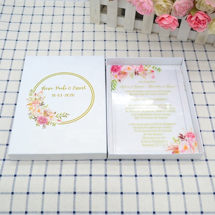 White writing printed clear acrylic wedding invitation menu place cards