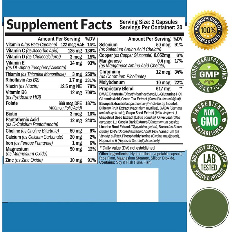 Brain Booster Supplement For Memory,Energy Advanced Vitamins,Brain Health Formula 60 Capsules
