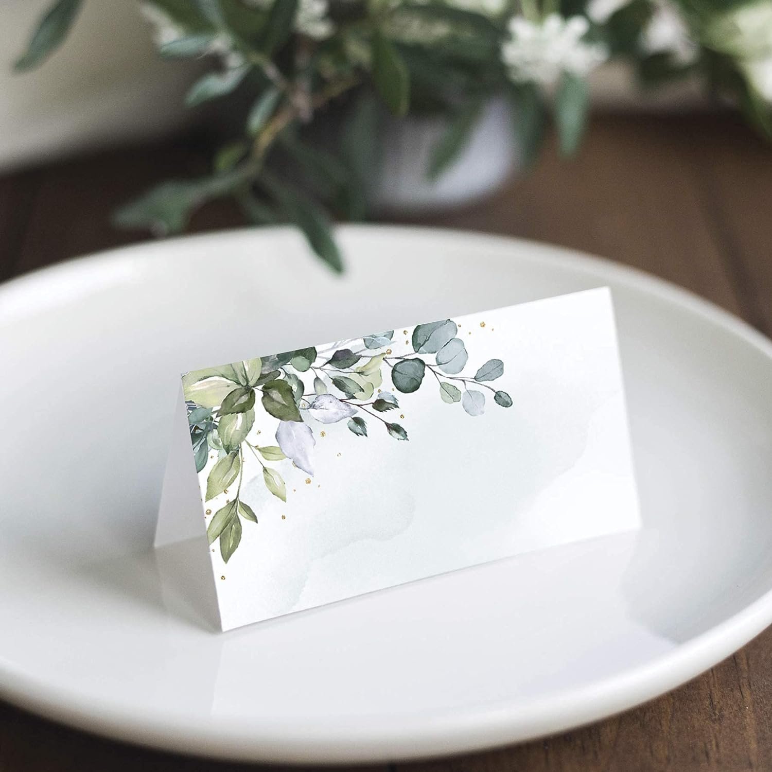 Greenery Watercolor Table Name Cards Double Sided Seating Place Cards Tented Blank Table Seating Cards for Wedding
