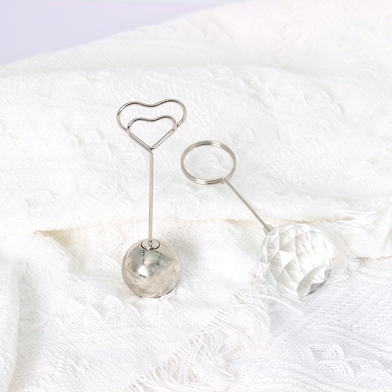Crystal Metal Ball Base Heart Shape Clip Wedding Decoration Memo Photo Name Place Card Holder