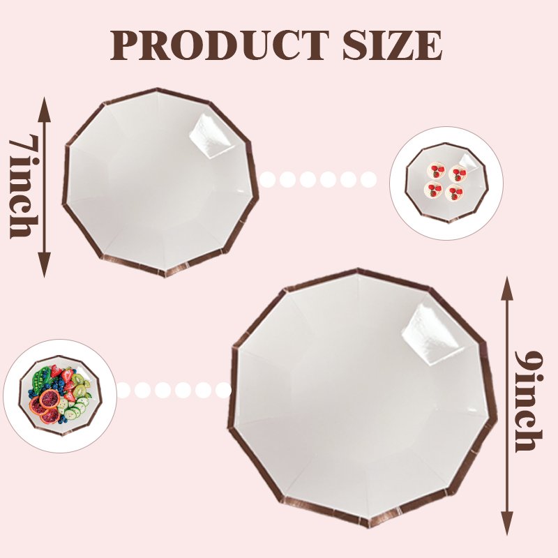 Eco-friendly Decagon Paper Plates Couples Birthday Party Food Safe Rose Gold Foil Trim Edge White Dinner Tableware Supplies