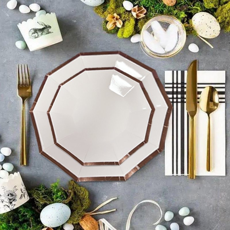 Eco-friendly Decagon Paper Plates Couples Birthday Party Food Safe Rose Gold Foil Trim Edge White Dinner Tableware Supplies