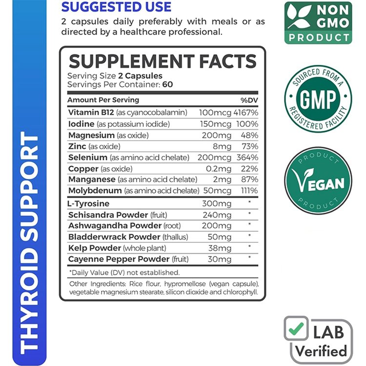 Ashwagandha Root Zinc Selenium Vitamin B12 Complex 120 Capsules Thyroid Health Supplement Support with Iodine