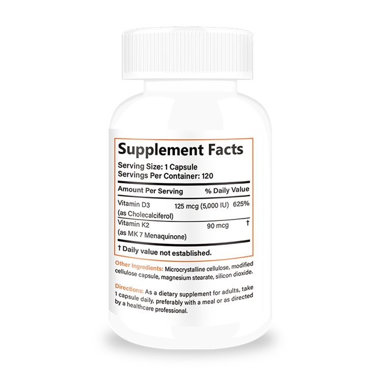 Vitamin K2 with D3 Supplement Non GMO Formula MK 7 Easy to Swallow Vitamin D and K Complex 120 Capsules
