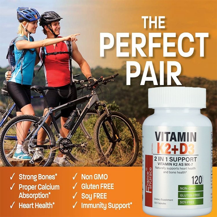 Vitamin K2 with D3 Supplement Non GMO Formula MK 7 Easy to Swallow Vitamin D and K Complex 120 Capsules