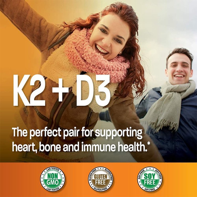 Vitamin K2 with D3 Supplement Non GMO Formula MK 7 Easy to Swallow Vitamin D and K Complex 120 Capsules