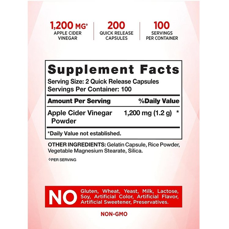 Apple Cider Vinegar Capsules 1200mg 200 Pills Extra Strength Value Size Non-GMO Gluten Free Supplement
