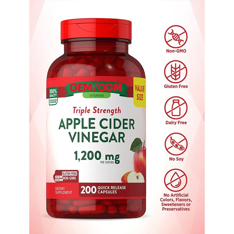 Apple Cider Vinegar Capsules 1200mg 200 Pills Extra Strength Value Size Non-GMO Gluten Free Supplement
