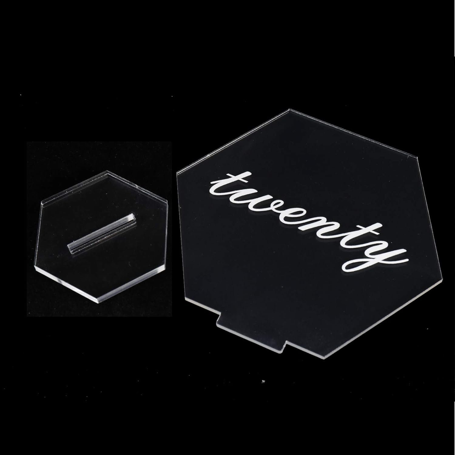 Clear Acrylic Hexagon Place Cards with Stands, 1-20 Printed Calligraphy Place Cards, Clear Acrylic Table Place Card for Wedding