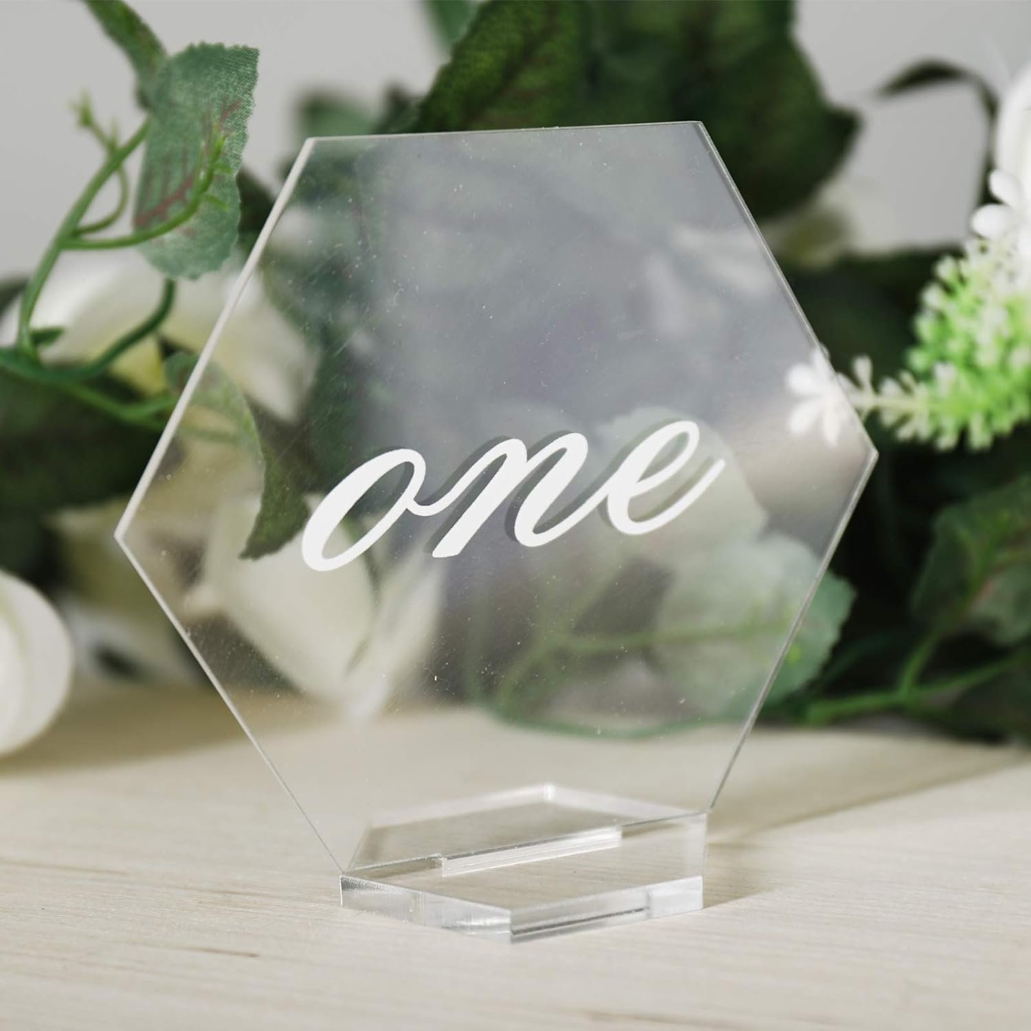 Clear Acrylic Hexagon Place Cards with Stands, 1-20 Printed Calligraphy Place Cards, Clear Acrylic Table Place Card for Wedding