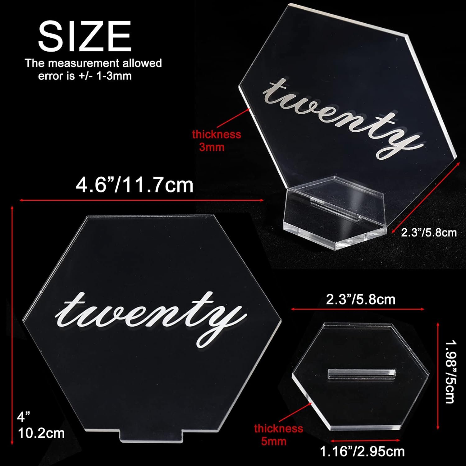 Clear Acrylic Hexagon Place Cards with Stands, 1-20 Printed Calligraphy Place Cards, Clear Acrylic Table Place Card for Wedding