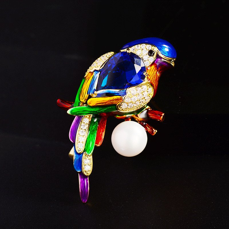 XILIANGFEIZI Hand Enamelled Parrot Brooch Natural Freshwater Pearl Bird Pin Suit Badge Museum Jewelry