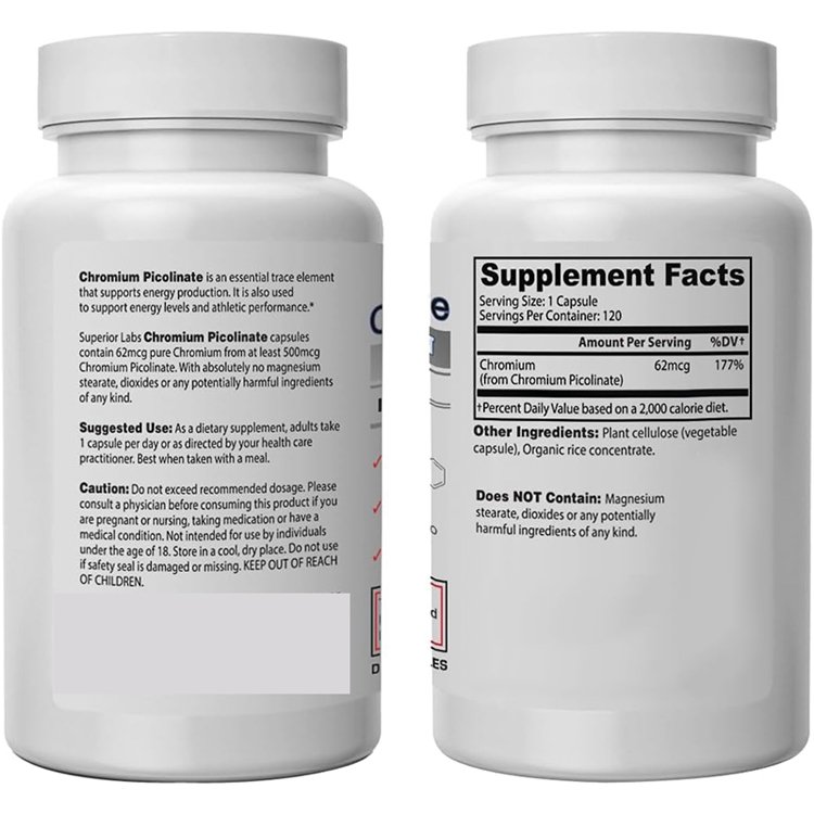 120 Vegetable Capsules 100% Natural 500mcg Chromium Picolinate