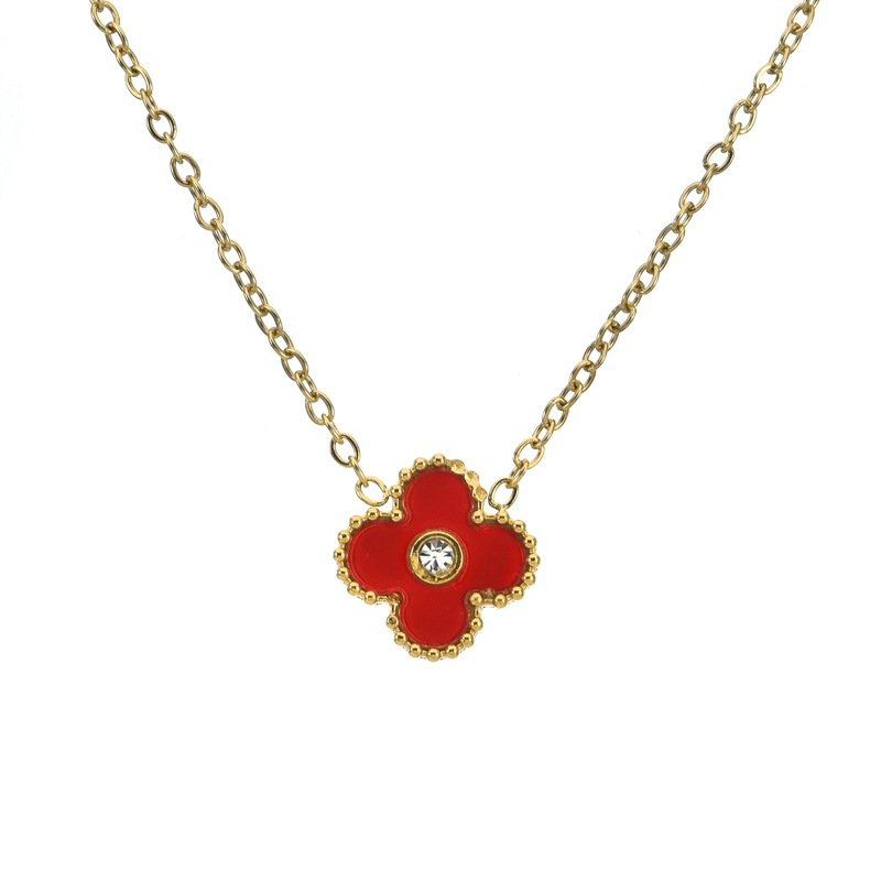 High Quality 13mm Four Leaf Clover Pendant Necklace With Zircon Statement 18K Gold Plated Stainless Steel Designer Necklace