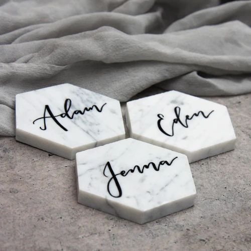 Customize Classic Stone Cup Coasters Wedding Place Cards Hexagon Solid Real White Marble Drink Coasters for Modern Homes