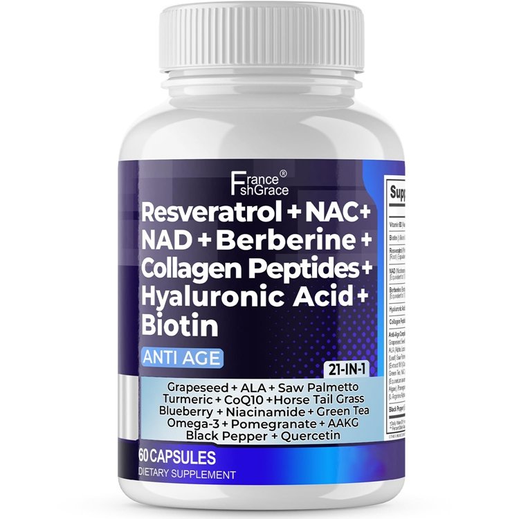 Resveratrol NAD+ Berberine Hyaluronic Acid Biotin Grape & Blueberry + NAC Collagen Peptides Hair Nail Skin & Joint Supplement